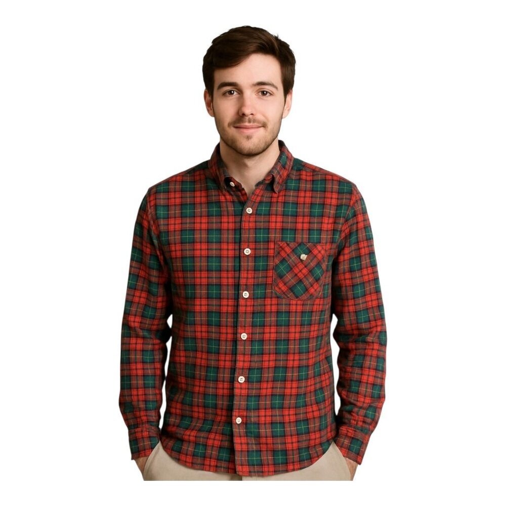 Topman Mens Flannel Plaid Button Up Shirt~Size Medium~Red Green Long Sleeve